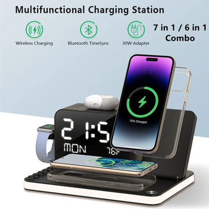 Newest 7 in 1 Wireless Charging Station with Dual iPhone Fast Charger Support Bluetooth/TimeSync 30W Fast Adapter for AirPods