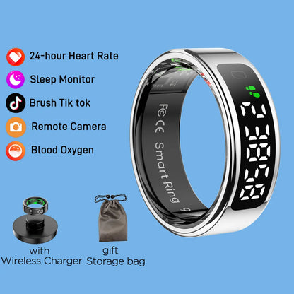 R11 Smart Ring with Display Screen and Touch Wireless Charging, Health Manager 5 ATM Waterproof For Men Women for iphone Android