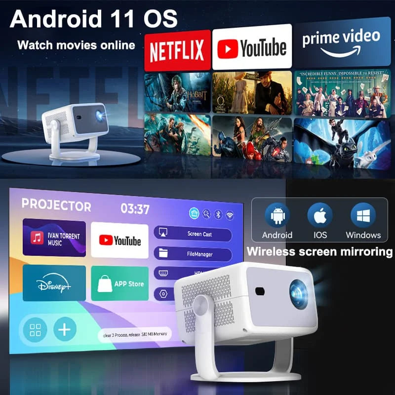 Huaweishi 4K 800ANSI P4 Native Portable Projector 1080P Auto Focus Keystone Correction BT5.2 Android 11 WIFI6 360° Home Cinema
