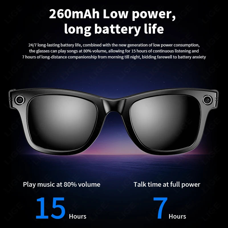 LIGE New Camera Smart Glasses Photograph Control Voice Recording Translation Bluetooth Call Sports Waterproof Anti-UV Sunglasses