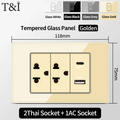 T&I US Standard 118 Wall Outlet with Switch, Tempered Glass Panel, USB and Type-C Charging Ports