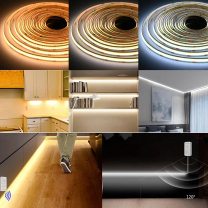 Tuya WiFi COB CCT LED Strip PIR Motion Sensor 12V 2m 3m 5m 10m Dimmable Bed Wardrobe Cabinet Light 2700-6500K for Alexa Google