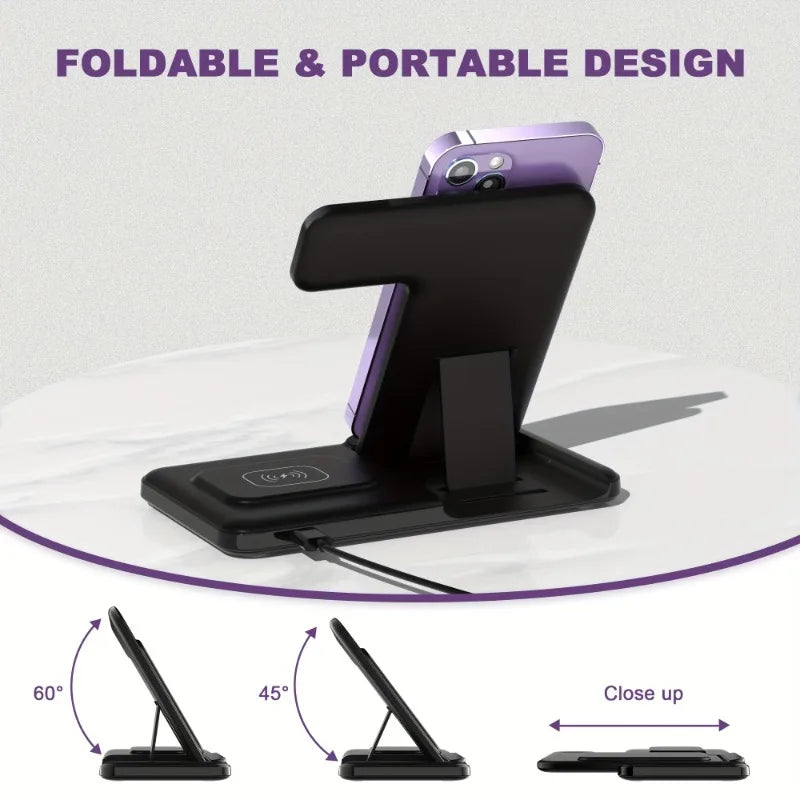 New 3 in 1 Wireless Charger Stand Pad Foldable Fast Charging Dock Station for IPhone 15 14 13 12 Pro Max Apple Watch 8 7Airpods