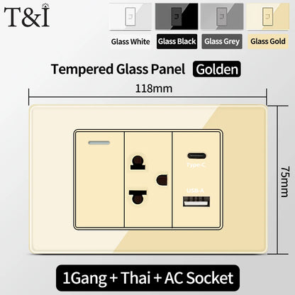 T&I US Standard 118 Wall Outlet with Switch, Tempered Glass Panel, USB and Type-C Charging Ports