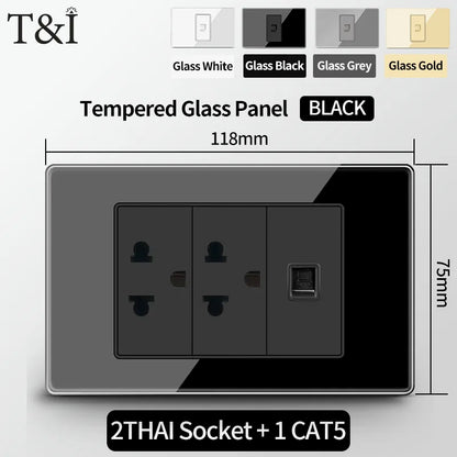 T&I US Standard 118 Wall Outlet with Switch, Tempered Glass Panel, USB and Type-C Charging Ports