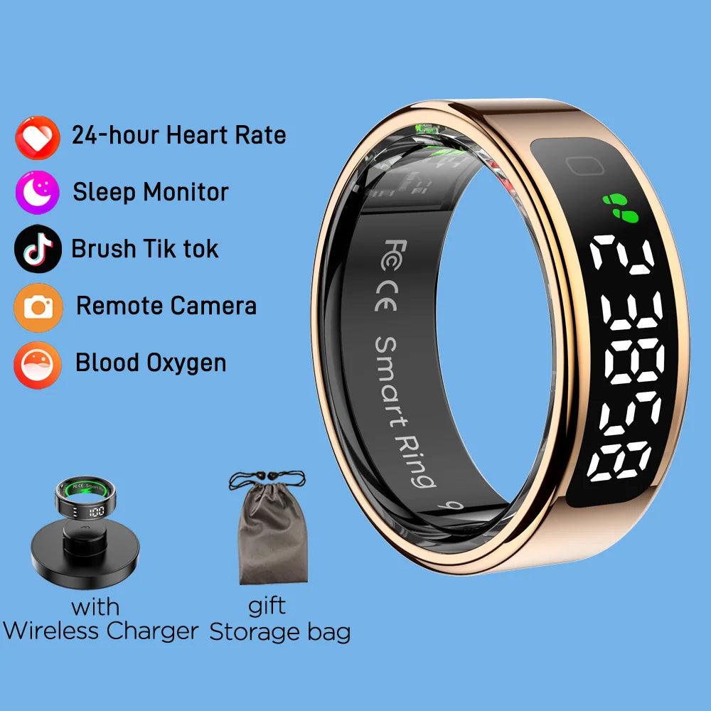 R11 Smart Ring with Display Screen and Touch Wireless Charging, Health Manager 5 ATM Waterproof For Men Women for iphone Android