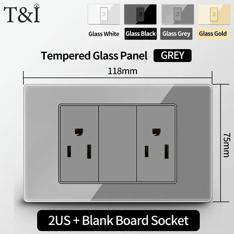 T&I US Standard 118 Wall Outlet with Switch, Tempered Glass Panel, USB and Type-C Charging Ports