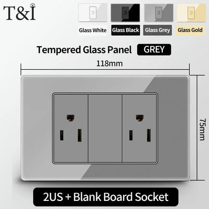 T&I US Standard 118 Wall Outlet with Switch, Tempered Glass Panel, USB and Type-C Charging Ports
