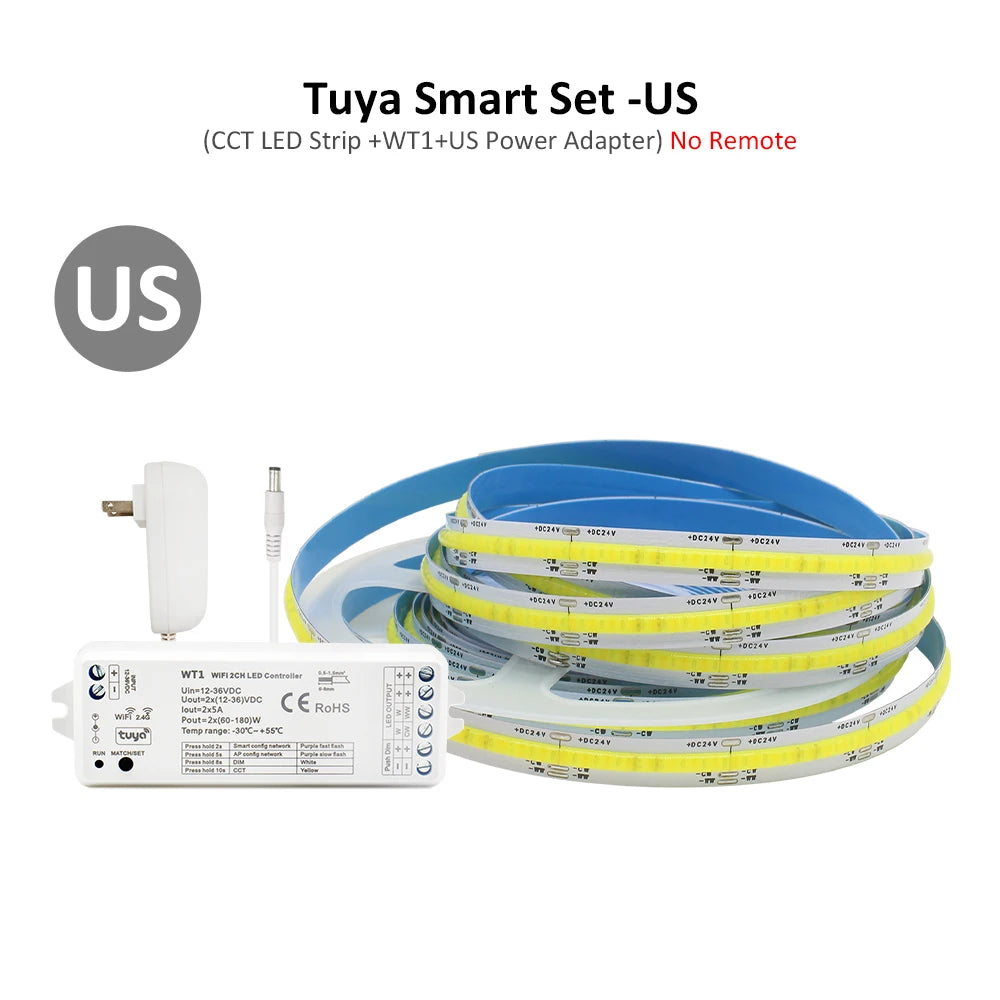 Tuya Smart Life CCT COB LED Strip Lights 24V FCOB LED Tape WIFI Dual White Dimmable Remote 5M Kit for Living Bedroom Room Decor