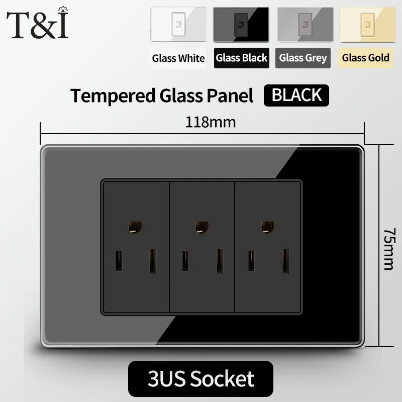 T&I US Standard 118 Wall Outlet with Switch, Tempered Glass Panel, USB and Type-C Charging Ports