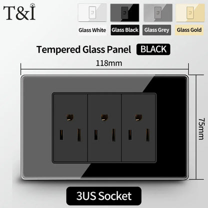 T&I US Standard 118 Wall Outlet with Switch, Tempered Glass Panel, USB and Type-C Charging Ports