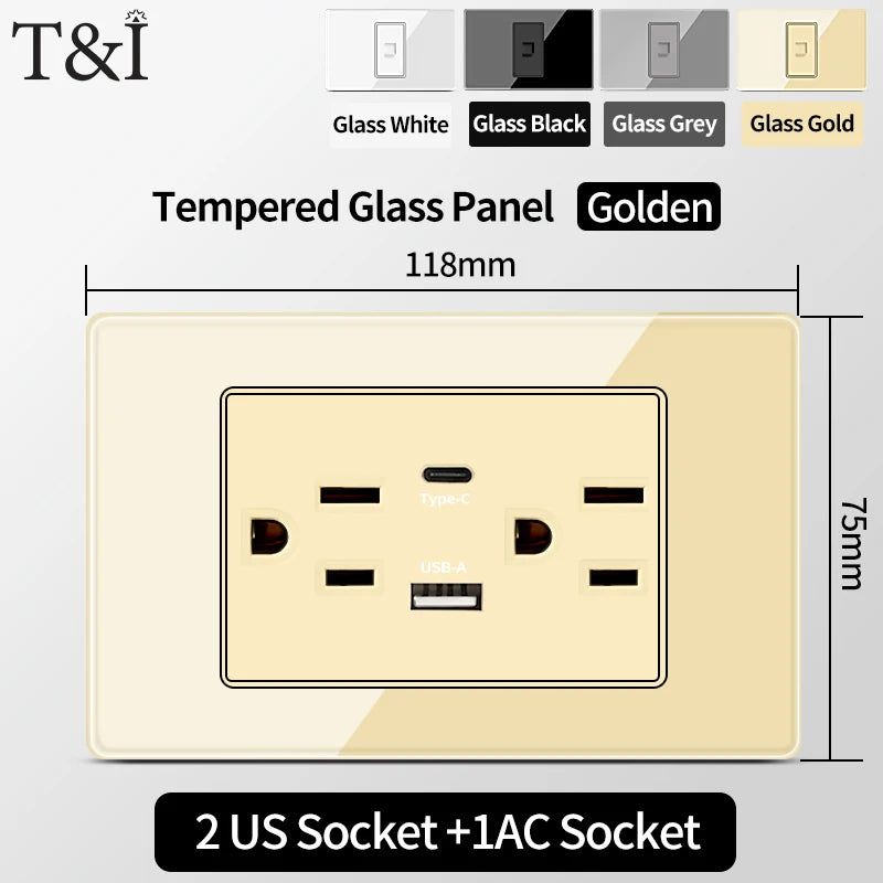 T&I US Standard 118 Wall Outlet with Switch, Tempered Glass Panel, USB and Type-C Charging Ports