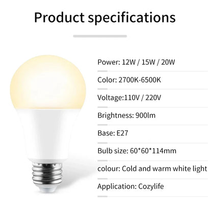 Cozylife 220V 110V WiFi Smart LED Bulb 12W 15W 20W E27 Cold & Warm Indoor Light  Alexa Google Home Together APP Timing Dimming