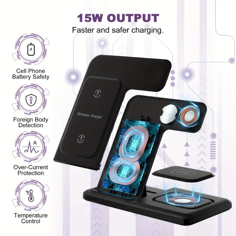 New 3 in 1 Wireless Charger Stand Pad Foldable Fast Charging Dock Station for IPhone 15 14 13 12 Pro Max Apple Watch 8 7Airpods