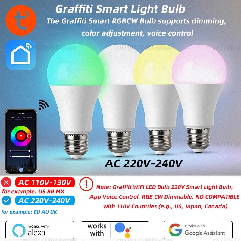 Tuya Smart WiFi LED Light Bulbs 220V 110V 10W 15W 20W E27 Alexa LED Lamp RGB Smart Life APP Google Assisatnt Voice Control