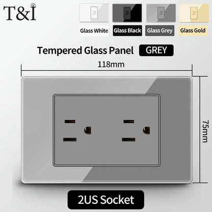 T&I US Standard 118 Wall Outlet with Switch, Tempered Glass Panel, USB and Type-C Charging Ports