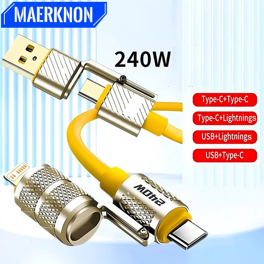 4-in-1 Data Cable 240W Multifunctional Fast Charging Cable USB/TypeC+Lightnings Quick Cord For iPhone 16 Samsung Huawei Xiaomi