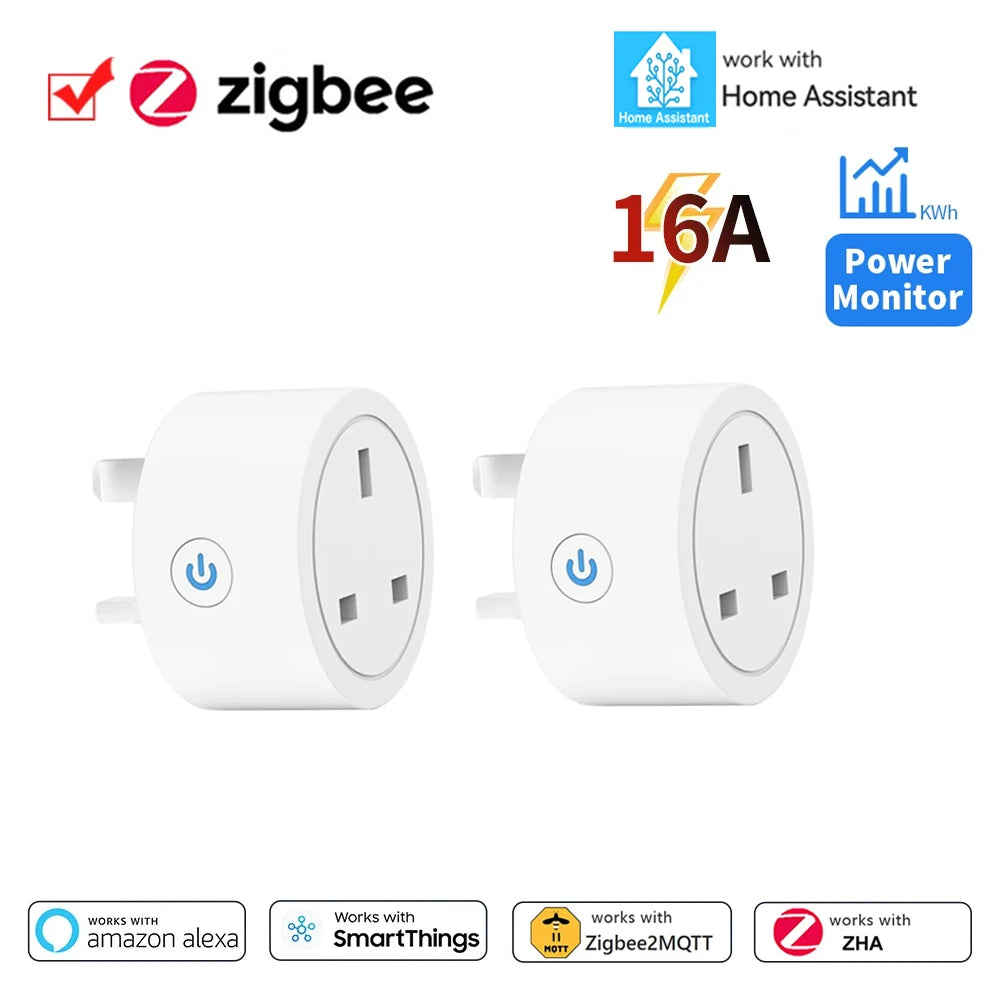 Home Assistant ZigBee Smart Plug 16A Smart Home Outlet UK Socket with Power Monitor Function APP Control Supports Alexa Z2M ZHA
