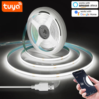5V USB WiFi COB LED Strip Light，1M 2M 3M 5M Tuya WiFi APP COB LED Strip Light Work With Smart Life APP/Alexa/Google Home