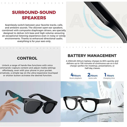 2025 AI Smart Glasses 8MP Professional-Grade Camera HD Video Music Bluetooth Call AI Voice Control Smart Glasses For Men Women