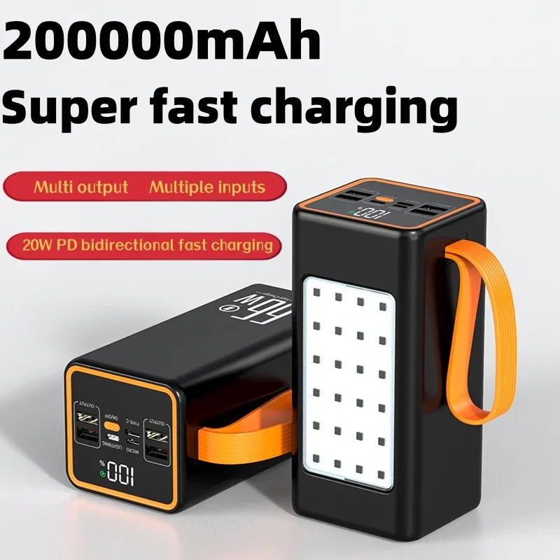 Power Bank 200000mAh High Capacity 66W Fast Charger Waterproof Rechargeable Battery For Mobile Phone Computer Camping LED Light