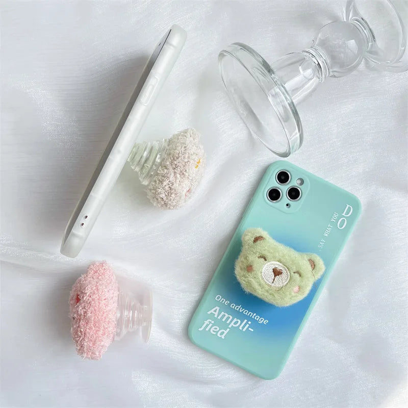 1PC Universal Cute Bear Phone Holder Funny Fluffy Plush Folding Gripfor iPhone Support Socket Pocket Finger Griptok Stand
