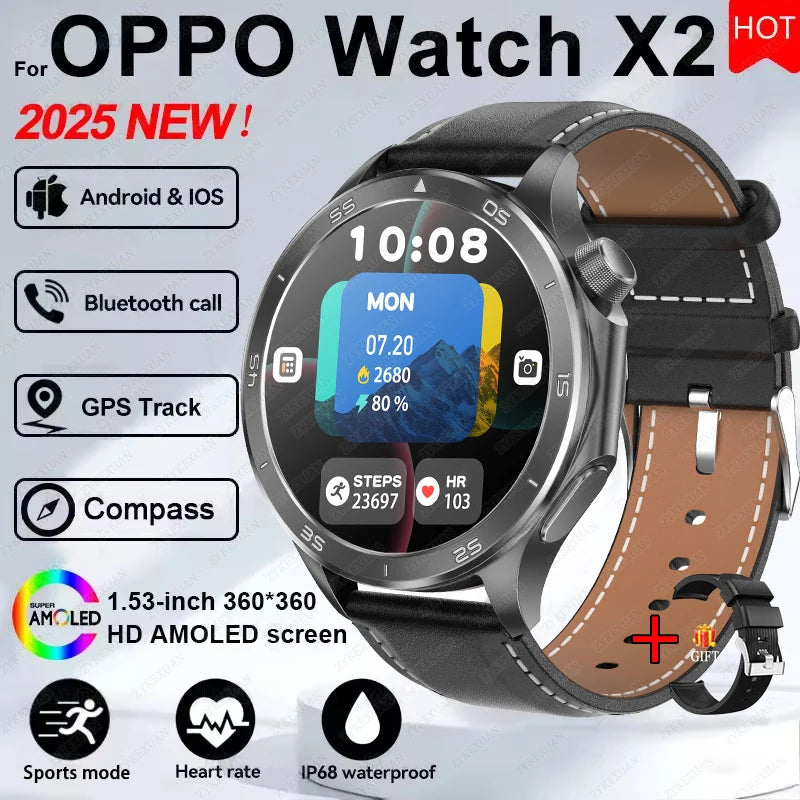 2025 New WATCH X Upgrade Smart Watch Men Watch X2 AMOLED HD Screen Bluetooth Call GPS Trajectory  Heart Rate Compass SmartWatch