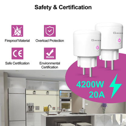 GIRIER Tuya Smart Wifi Plug EU with Power Monitoring 20A Smart Socket Outlet 4200W Compatible with Alexa Hey Google Yandex Alice