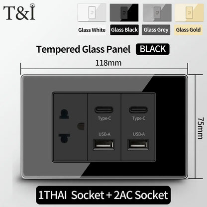 T&I US Standard 118 Wall Outlet with Switch, Tempered Glass Panel, USB and Type-C Charging Ports