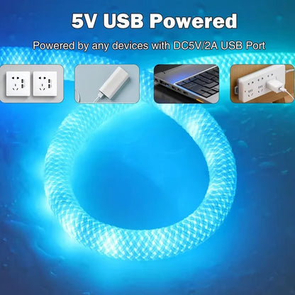 RGBIC Flexible Silicone LED Light Strip 5V Waterproof IP67 Round Reticulate Pattern 360 Degree Neon Glow Smart Rope Light