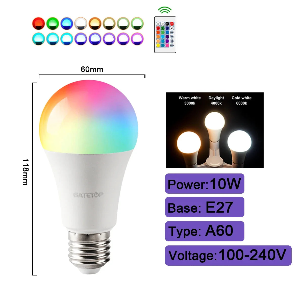 Smart Spotlight Bulb RGBW Infrared Remote Control LED Bulbs GU10 6W 10W Color Light Dimming Suitable for Family Holiday Parties