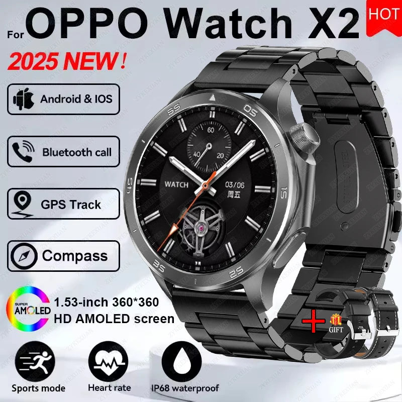 2025 New WATCH X Upgrade Smart Watch Men Watch X2 AMOLED HD Screen Bluetooth Call GPS Trajectory  Heart Rate Compass SmartWatch