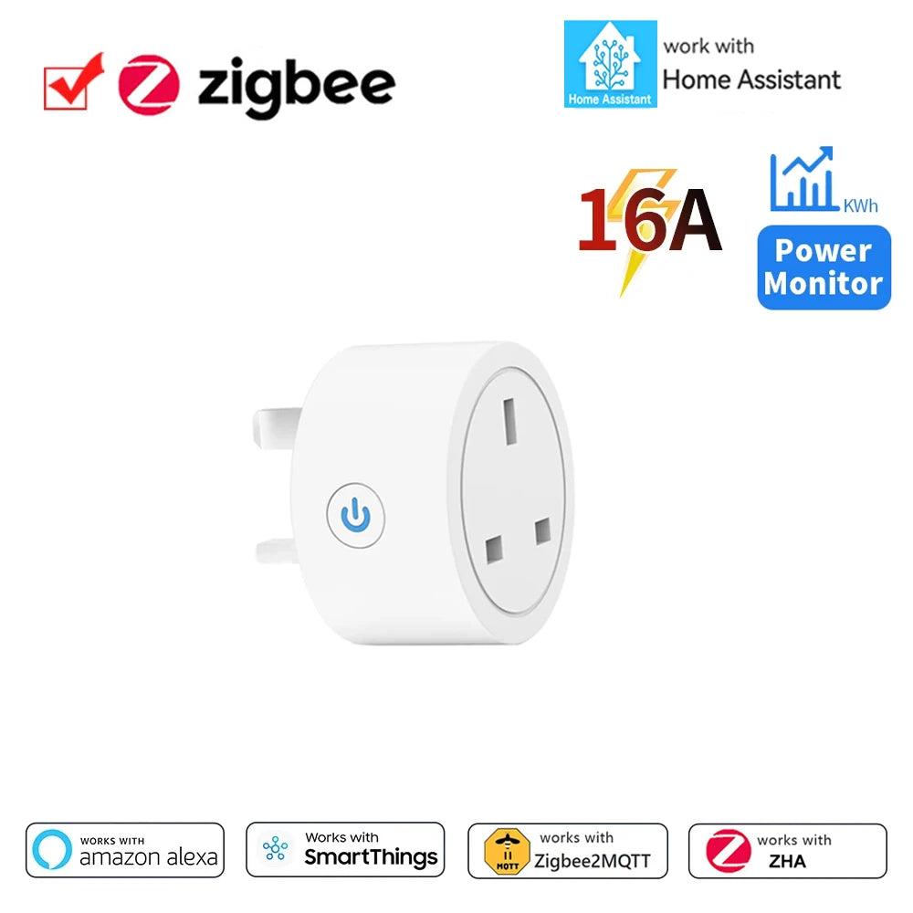 Home Assistant ZigBee Smart Plug 16A Smart Home Outlet UK Socket with Power Monitor Function APP Control Supports Alexa Z2M ZHA