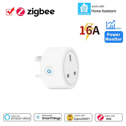 Home Assistant ZigBee Smart Plug 16A Smart Home Outlet UK Socket with Power Monitor Function APP Control Supports Alexa Z2M ZHA