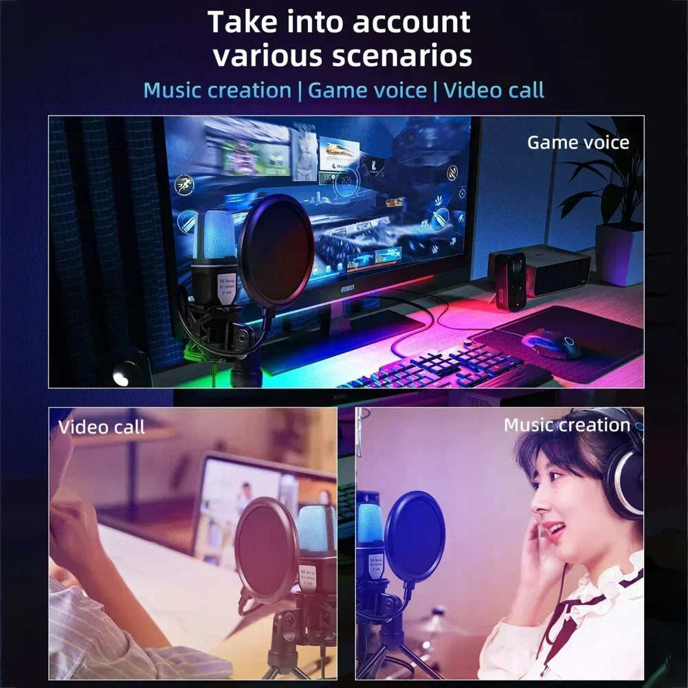 SF666R USB Wired Microphone Noise Reduction RGB Condensador Mic For Recording Podcast Mic With Stand Interview Vlogging Video