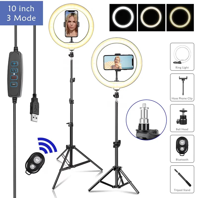 10inch Video Lights Dimmable Light Selfie LED Ring Light USB Ring Lighting Lamp With Tripod Stand To Make Youtube Ringlight Lamp