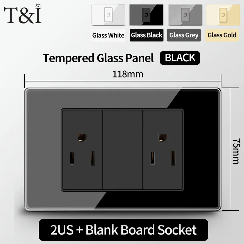 T&I US Standard 118 Wall Outlet with Switch, Tempered Glass Panel, USB and Type-C Charging Ports
