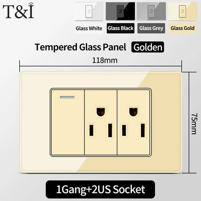 T&I US Standard 118 Wall Outlet with Switch, Tempered Glass Panel, USB and Type-C Charging Ports