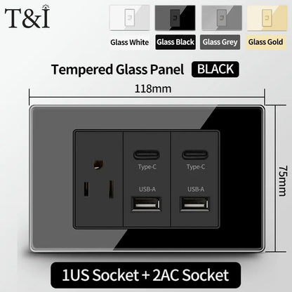 T&I US Standard 118 Wall Outlet with Switch, Tempered Glass Panel, USB and Type-C Charging Ports