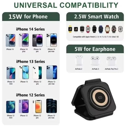3-in-1 Charging Station Foldable Wireless Charger For Magsafe iPhone 16/15/14/13/12 Apple Watch 10/9/8 AirPods Pro Fast Chargers