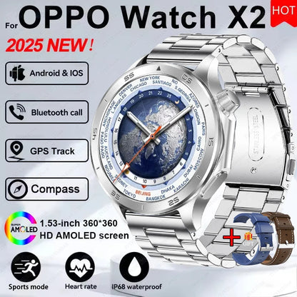 2025 New WATCH X Upgrade Smart Watch Men Watch X2 AMOLED HD Screen Bluetooth Call GPS Trajectory  Heart Rate Compass SmartWatch
