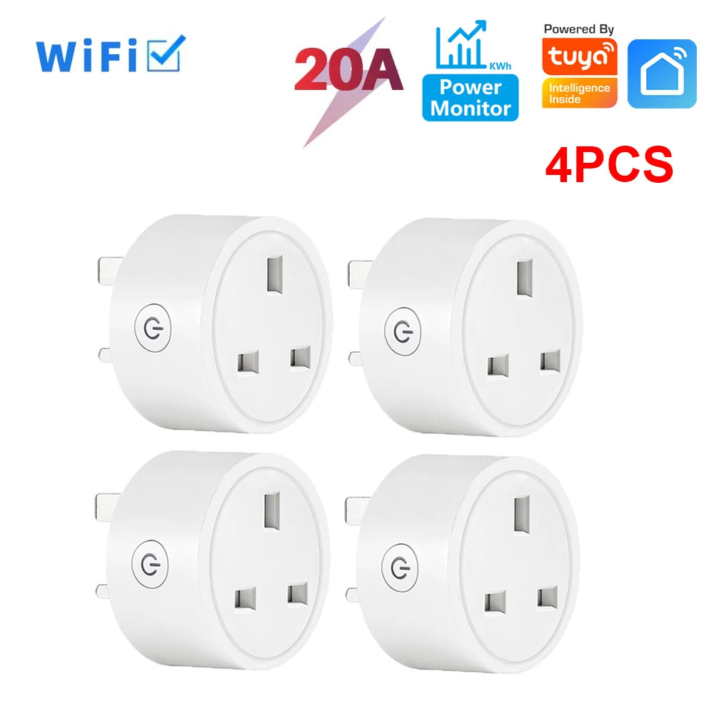 20A Tuya Smart Socket WiFi UK Plug 3 pin Adapter With Power Monitoring Timing Function Home Alexa Voice Control Power Outlet Set