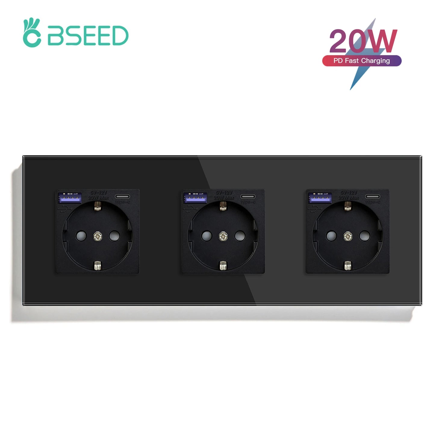 BSEED 20W PD Fast Charge Wall Socket Type-C Interface USB EU Standard Sockets Power Double Triple Power Outlets Wall Mounted