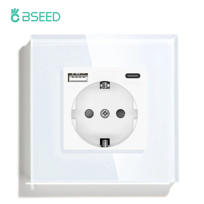 BSEED EU Standard USB Single Socket Touch Switch 1Gang 1Way White Crystal Sensor Wall Light Switch Power Double Sockets Outlets