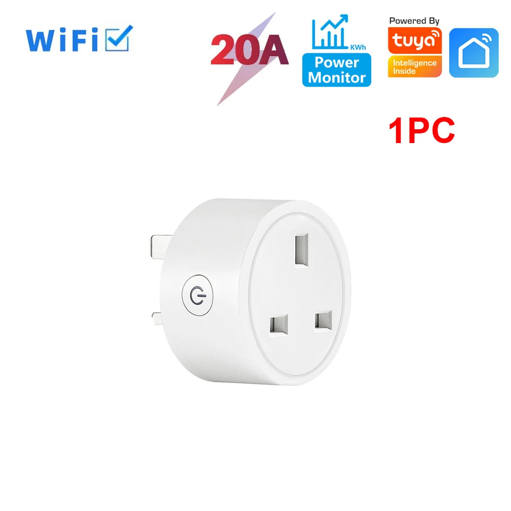 20A Tuya Smart Socket WiFi UK Plug 3 pin Adapter With Power Monitoring Timing Function Home Alexa Voice Control Power Outlet Set