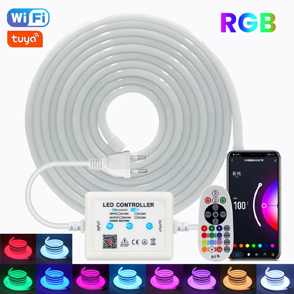 220V WIFI Tuya RGB Neon LED Strip Light Smart APP Remote 750W Controller Kit Waterproof 60 80LEDs/M EU US UK AU Plug Flex Lamp