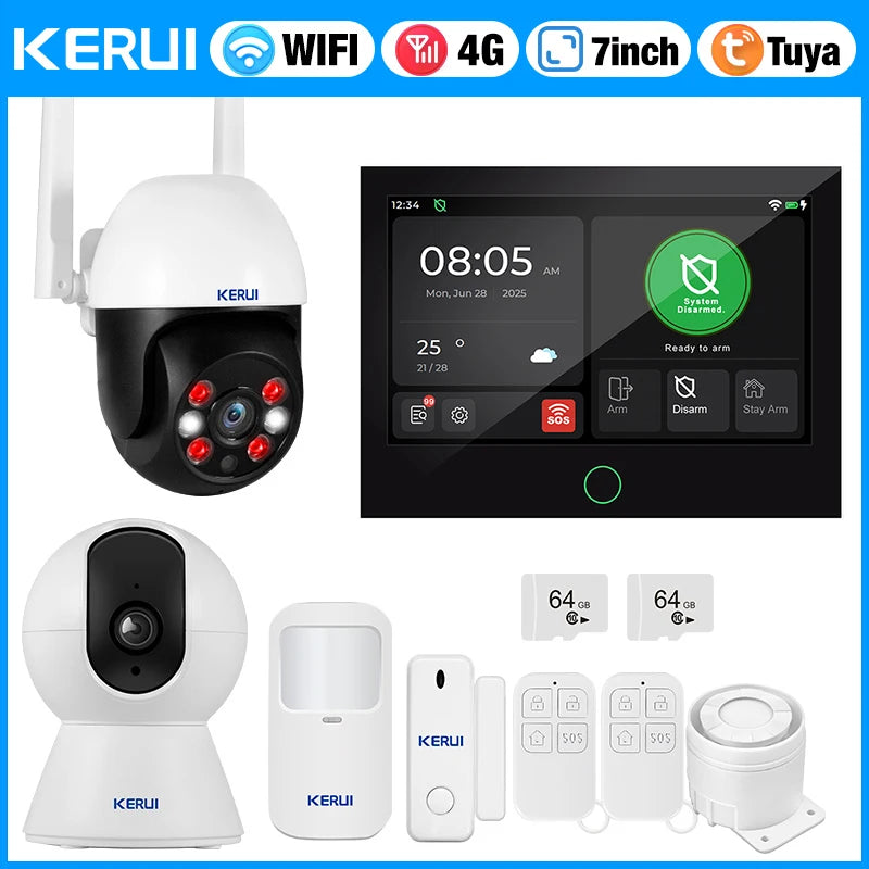 KERUI 7 Inch Touch Screen Home Alarm System WiFi+ 4G Alarm Security System for Home with Siren Tuya Smart App Motion Sensor G70