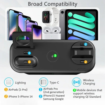 6 in 1 Wireless Charger Station for iPhone 16 15 14 13 12 11 Apple Watch Airpods Desk Phone Charger Fast Charging Dock Station
