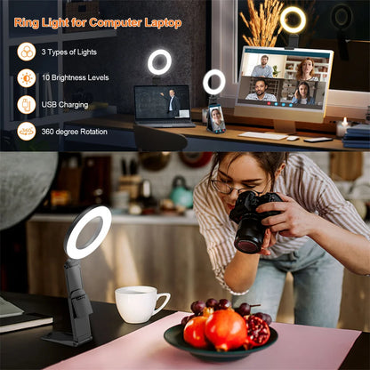 USB LED Selfie Light Clip Ring Light with Phone Holder Desktop Ring Light for Computer Laptop Video Conference Lighting Makeup