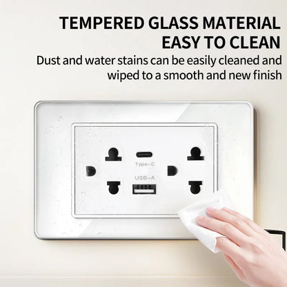 T&I US Standard 118 Wall Outlet with Switch, Tempered Glass Panel, USB and Type-C Charging Ports